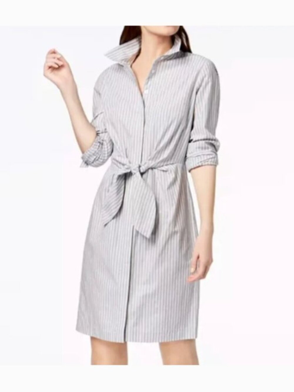 Calvin Klein Gray Cotton Striped Tie-Waist Shirtdress Size 4 NWT